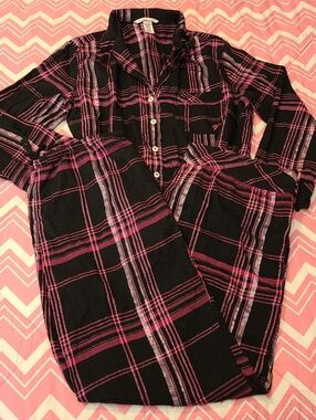 Victoria's Secret Pink & Black Plaid Cozy Flannel Pajama Set Size Sm